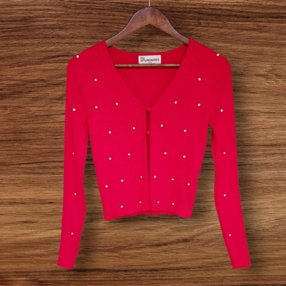 Y2K No Boundaries Red Cardigan Sweater with Studded Design Cropped